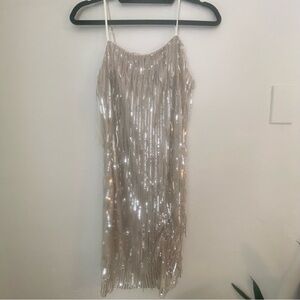 NWT Sequin Fringe Slip Dress in Champagne
